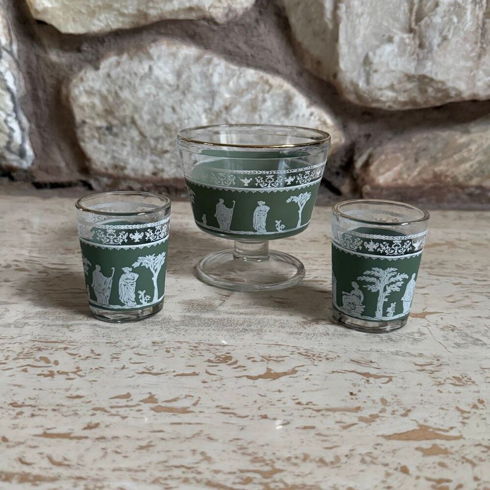 Set of Jeanette glass hellenic Wedgwood shot glasses + sorbet cup green